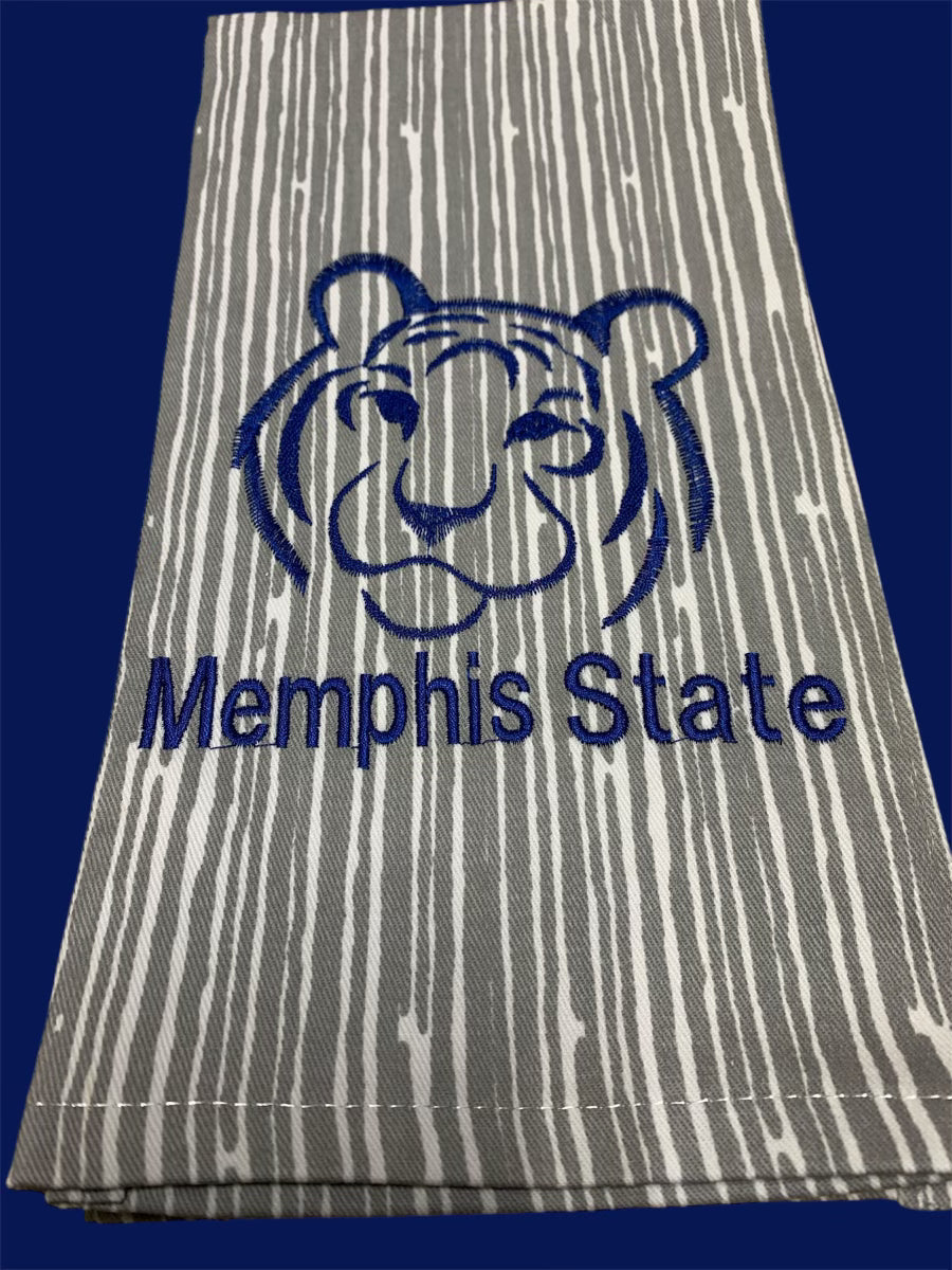 Gray towel with vertical white stripe pattern featuring a blue embroidered Memphis State tiger head logo and text.