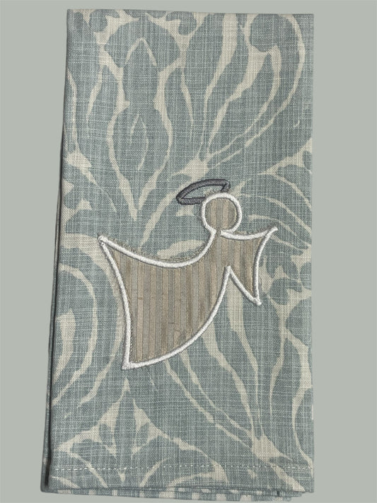 Decorative hand towel featuring embroidered angel design on elegant patterned background, perfect for Christmas, religious holidays, and spiritual home decor.