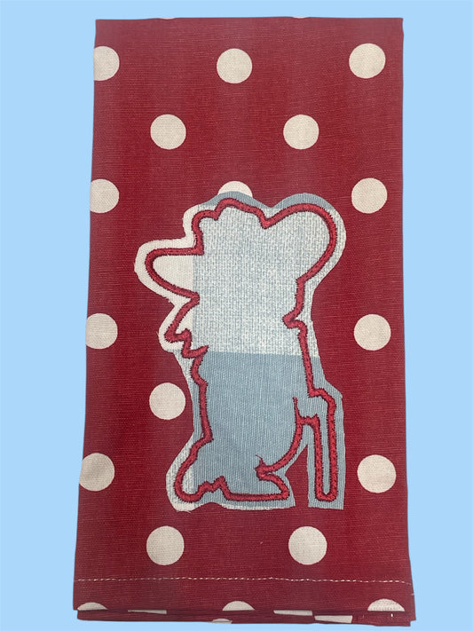 Decorative hand towel featuring embroidered Colonel Reb silhouette on red polka dot background, perfect for Ole Miss fans and southern game day decor.