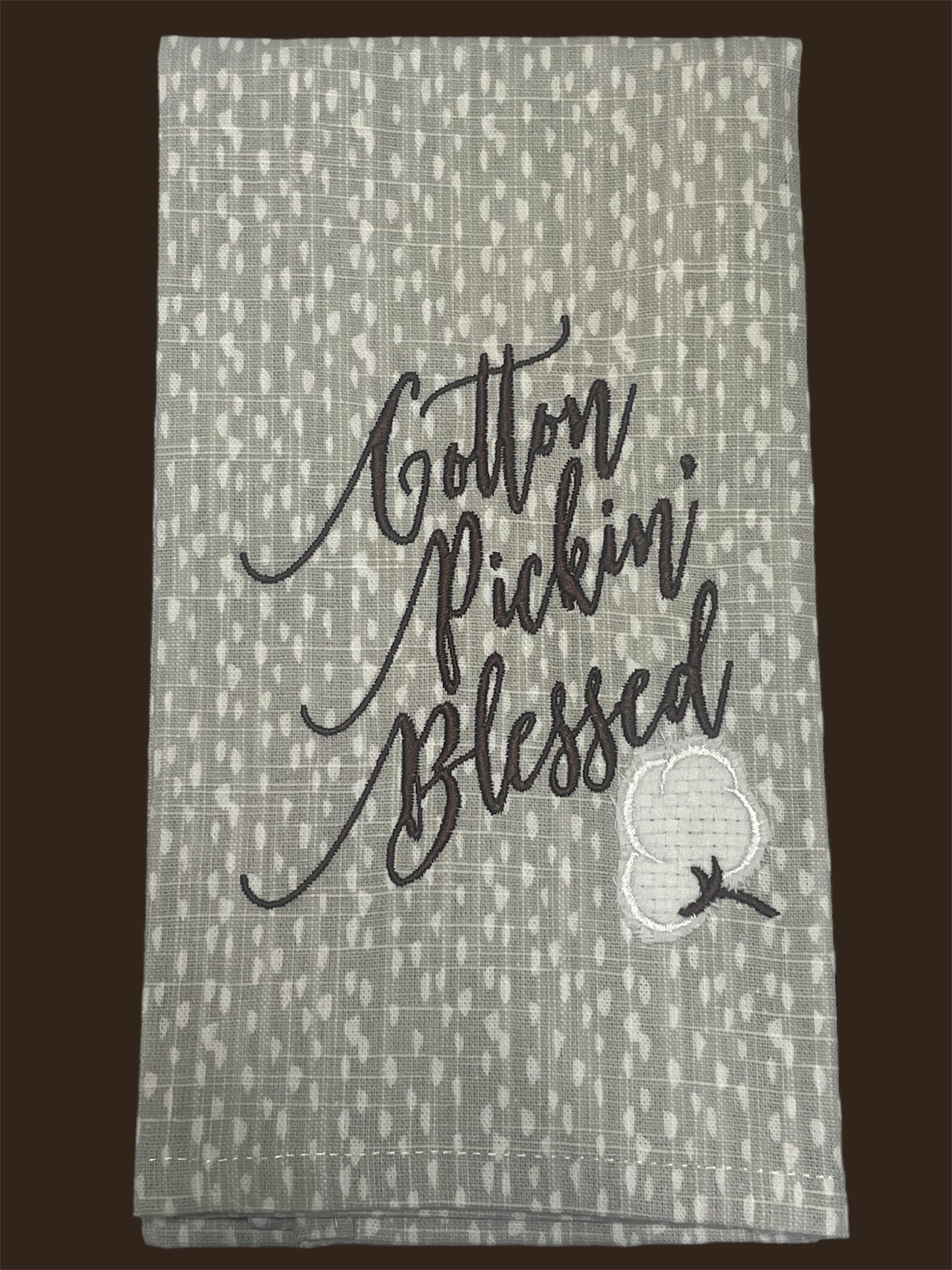 Decorative hand towel with embroidered “Cotton Pickin’ Blessed” text and cotton boll design, perfect for farmhouse and southern-themed home decor.