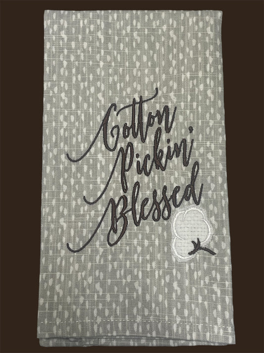 Decorative hand towel with embroidered “Cotton Pickin’ Blessed” text and cotton boll design, perfect for farmhouse and southern-themed home decor.