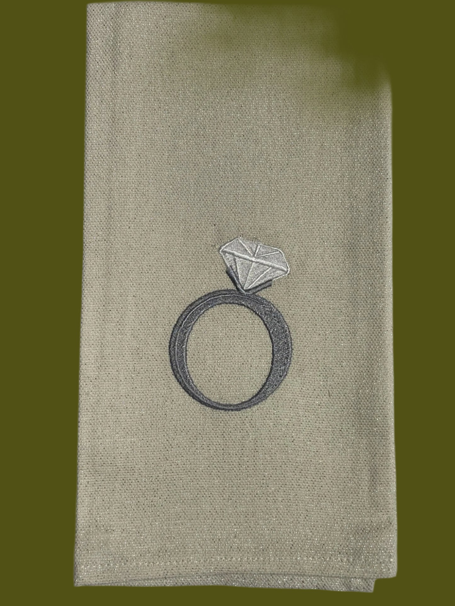 Decorative hand towel with embroidered diamond ring design, perfect for engagement or wedding gifts.