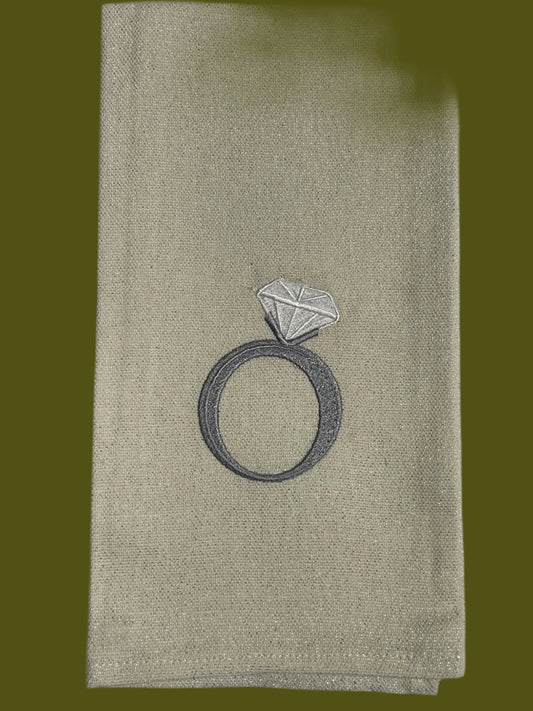 Decorative hand towel with embroidered diamond ring design, perfect for engagement or wedding gifts.