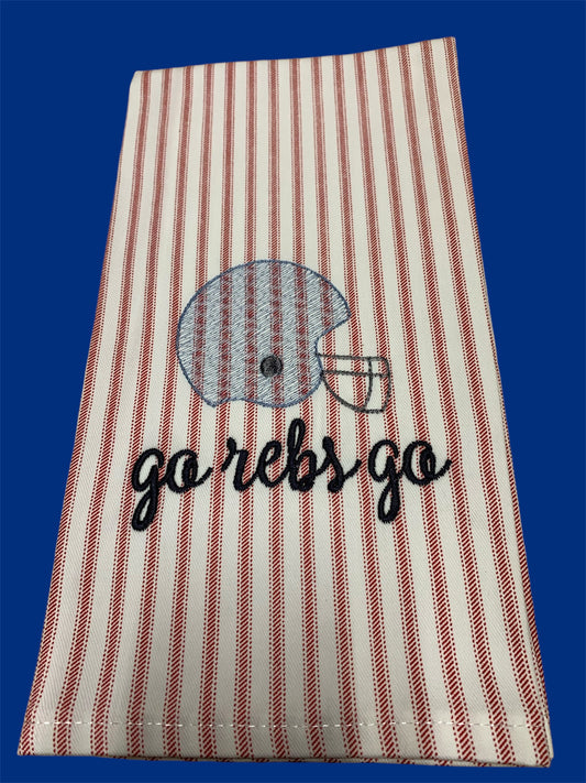 Striped hand towel featuring embroidered blue football helmet with black stitching and "go rebs go" text, perfect for Ole Miss fans and college football decor.