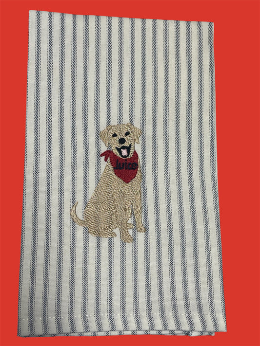 Decorative hand towel featuring embroidered design of Juice Kiffin, the beloved Ole Miss dog mascot, with a red bandana on navy and white striped fabric, perfect for Rebel fans and game day decor.