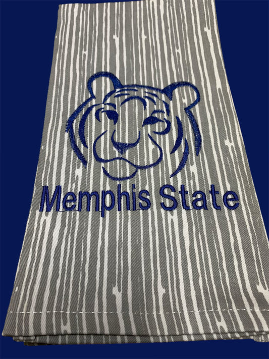 Gray towel with vertical white stripe pattern featuring a blue embroidered Memphis State tiger head logo and text.