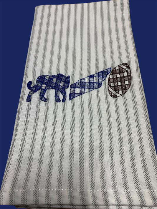 Striped hand towel featuring embroidered Memphis Tigers design with blue plaid tiger, megaphone, and brown plaid football, perfect for sports fans, tailgating, or game day decor.