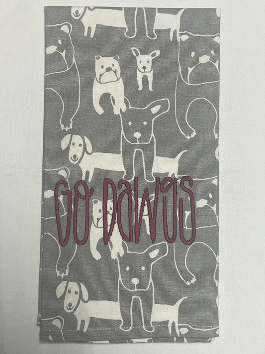 Mississippi State inspired hand towel featuring embroidered "Go Dawgs" text on gray dog pattern fabric, perfect for MSU fans, tailgates, or college sports kitchen decor.