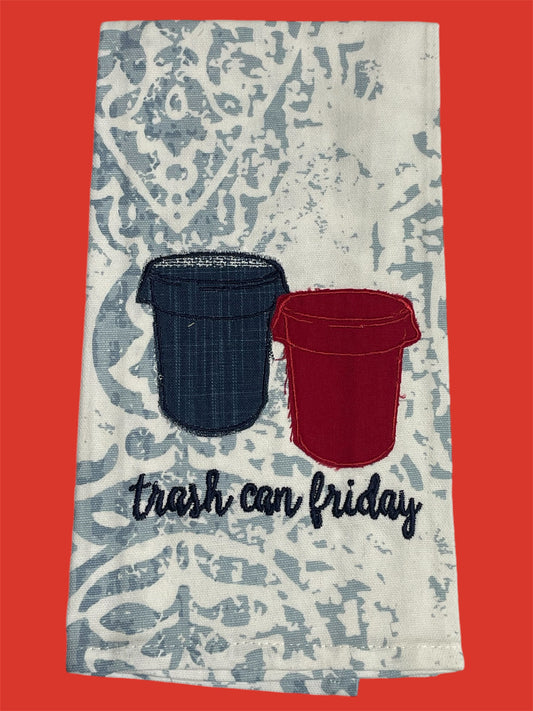 Decorative hand towel featuring embroidered "Trash Can Friday" design with navy and red trash cans on a white and light blue patterned background, celebrating an Ole Miss game day tradition, perfect for Rebel fans and tailgate decor.