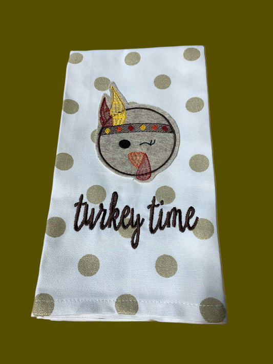 Decorative hand towel with embroidered turkey face and “Turkey Time” text on polka dot background, perfect for Thanksgiving and fall seasonal decor.